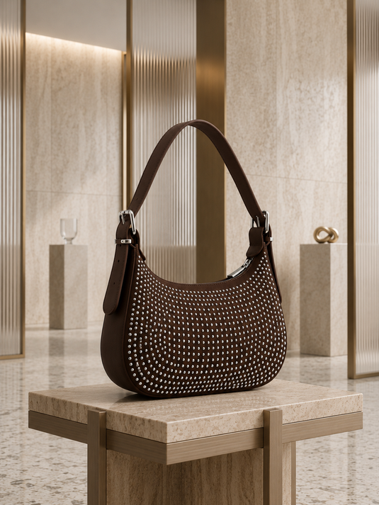 حقيبة يد وكتف بتفاصيل حجرية باللون البني