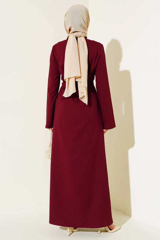 Abaya zippée détaillée pierre rouge bordeaux