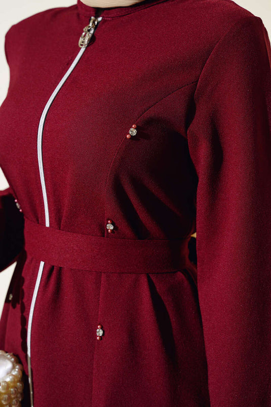 Abaya zippée détaillée pierre rouge bordeaux