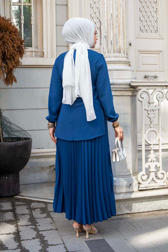 Costume Double Hijab Avec Jupe Détail Pierre Indigo