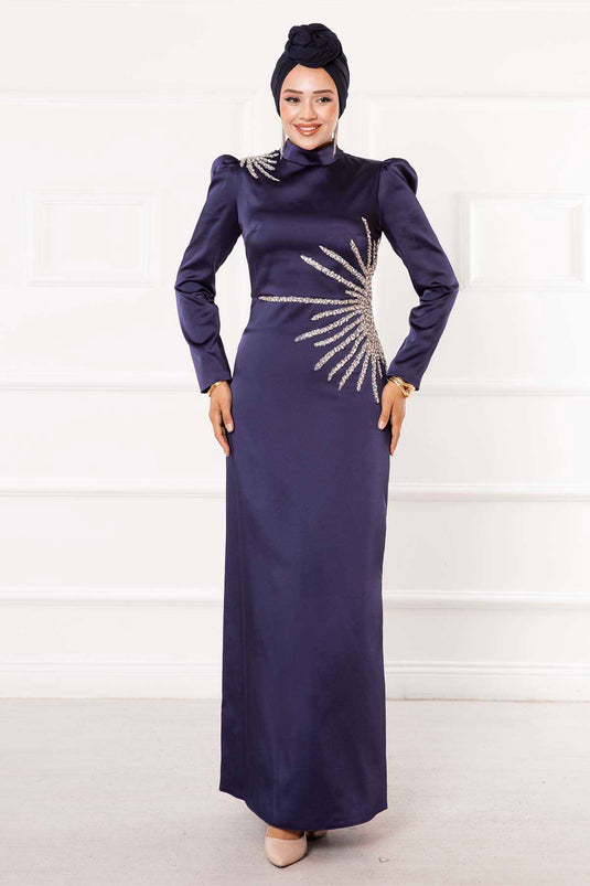 Robe de soirée Hijab crayon détaillée en pierre bleu marine