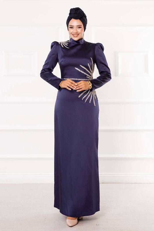 Robe de soirée Hijab crayon détaillée en pierre bleu marine