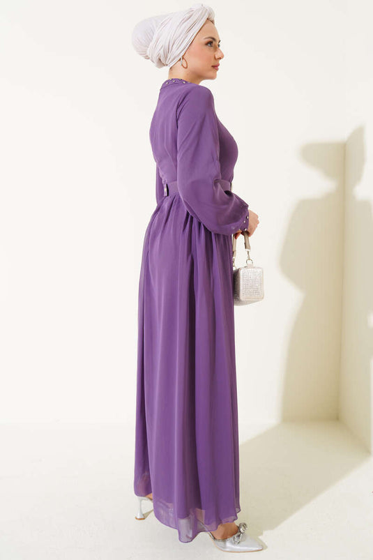 Stone Detailed Belted Chiffon Dress Lilac