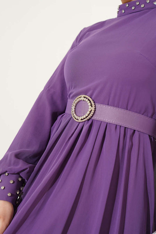 Stone Detailed Belted Chiffon Dress Lilac