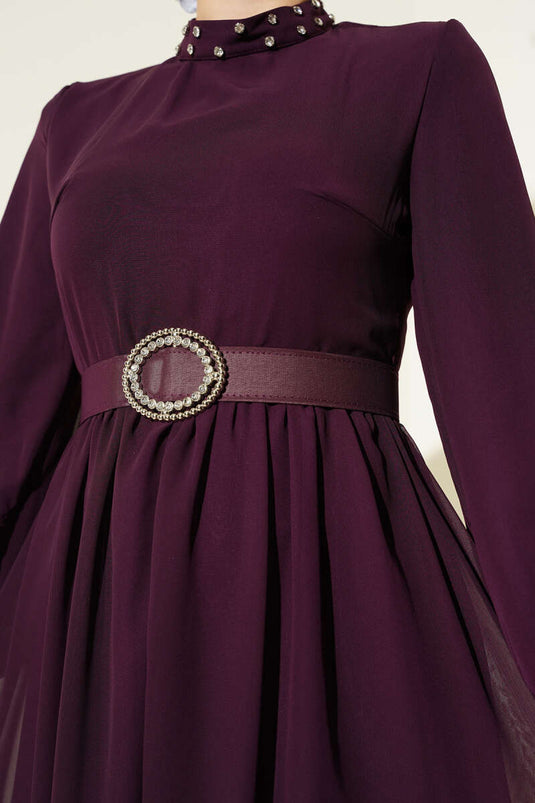 فستان شيفون بحزام وتفاصيل حجرية، لون أرجواني