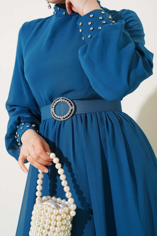 Stone Detailed Belted Chiffon Dress Petrol