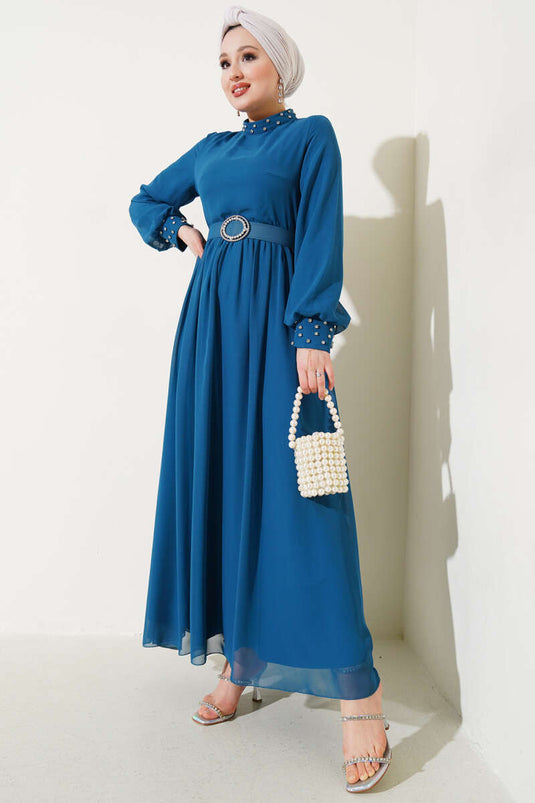 Stone Detailed Belted Chiffon Dress Petrol