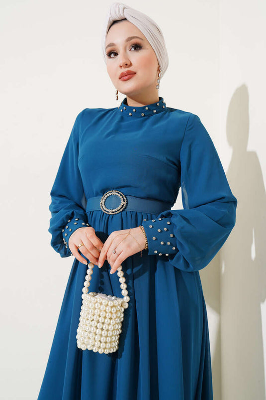 Stone Detailed Belted Chiffon Dress Petrol