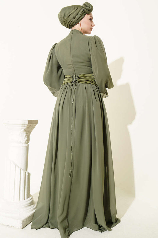 Stone-Detail Corset Evening Dress Khaki