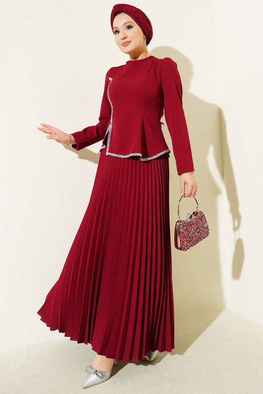 Taş Detaylı Pileli Etekli İkili Takım Bordo