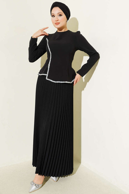 Taş Detaylı Pileli Etekli İkili Takım Siyah
