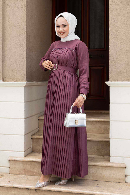 Robe Hijab Plissée Détail Pierre Prune