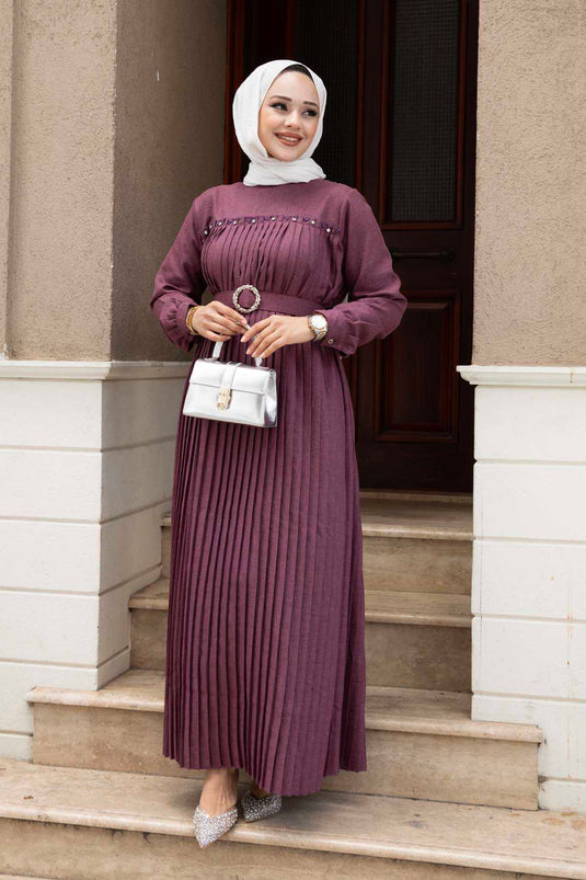 Robe Hijab Plissée Détail Pierre Prune