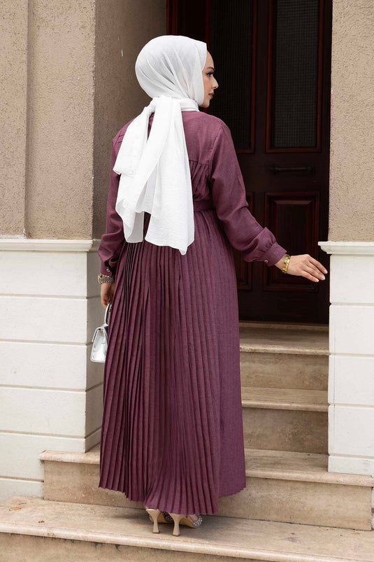 Robe Hijab Plissée Détail Pierre Prune