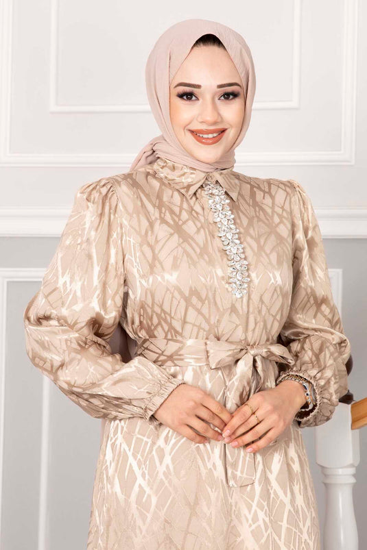 Abito da sera Hijab con dettagli in pietra Beige