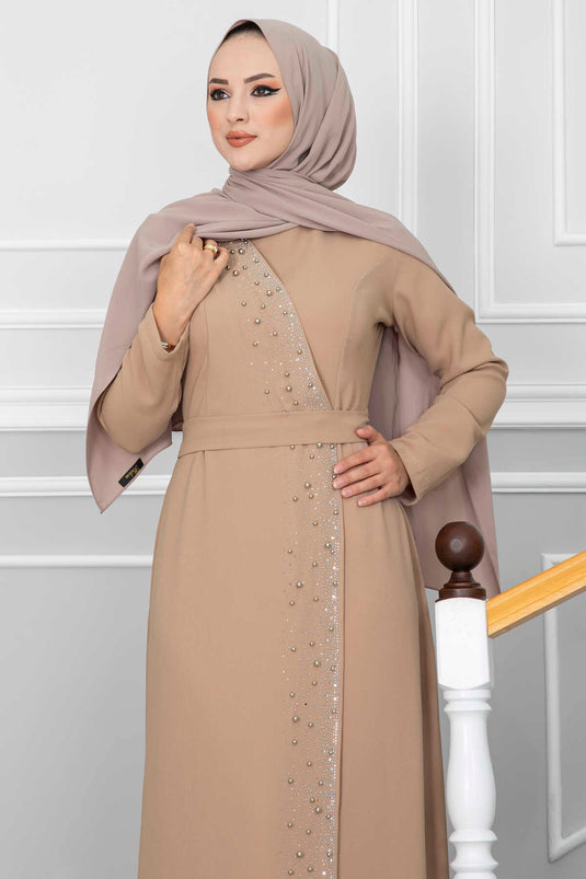 Robe de soirée hijab détaillée en pierre vison