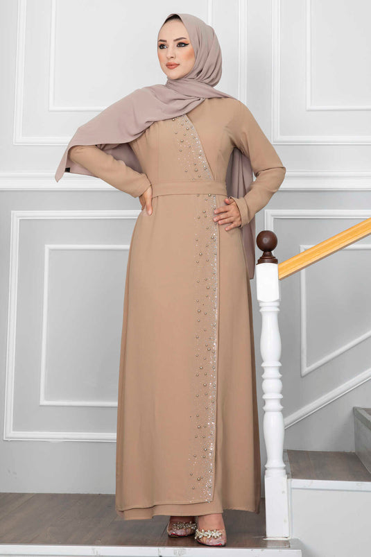 Robe de soirée hijab détaillée en pierre vison