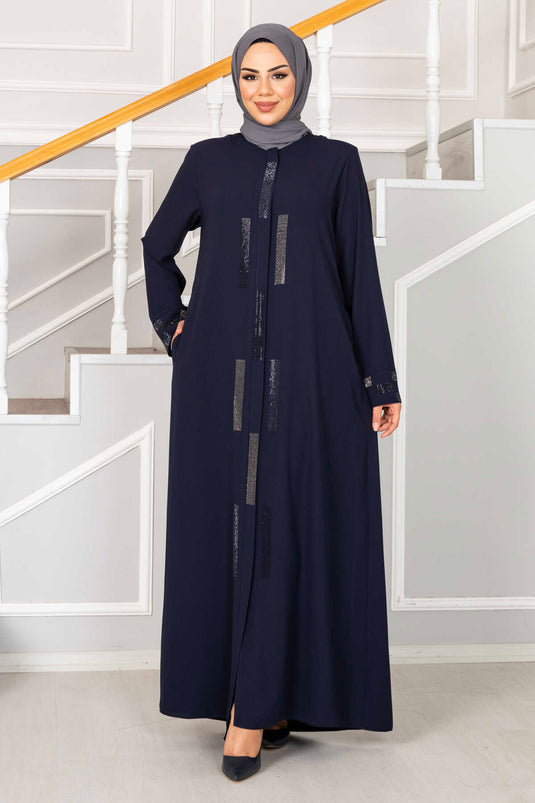 Abaya hijab bleu marine avec détails en pierre