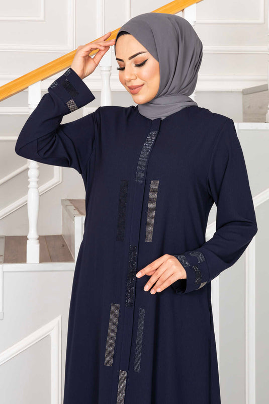 Abaya hijab bleu marine avec détails en pierre