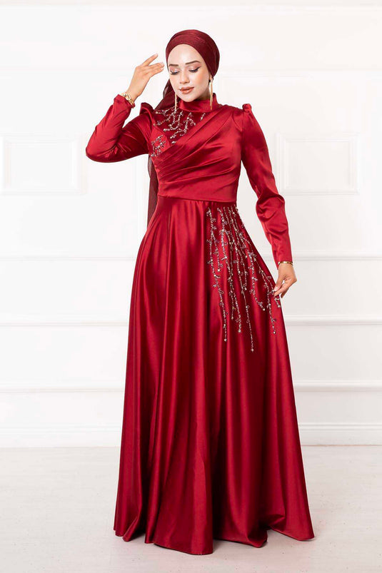 Abito da sera Hijab dal design in pietra bordeaux