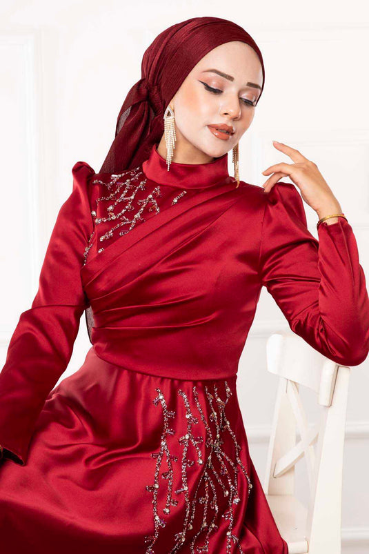 Abito da sera Hijab dal design in pietra bordeaux