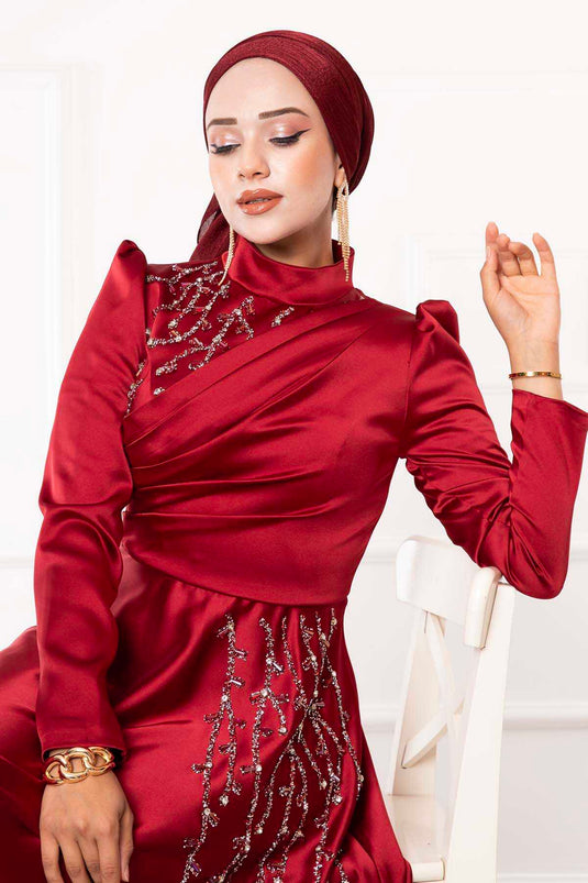 Abito da sera Hijab dal design in pietra bordeaux