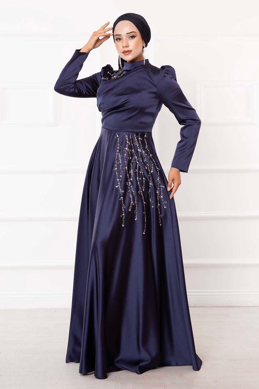 Abito da sera Hijab dal design in pietra blu navy