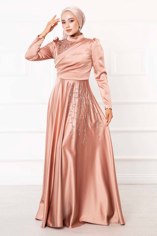 Abito da sera hijab dal design in pietra color salmone