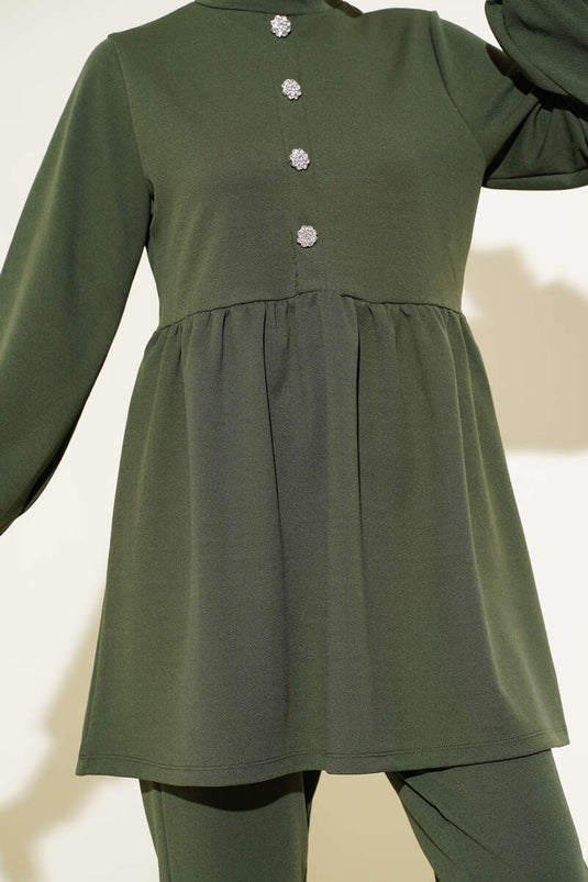 Stone Button Detailed Two Piece Suit Khaki