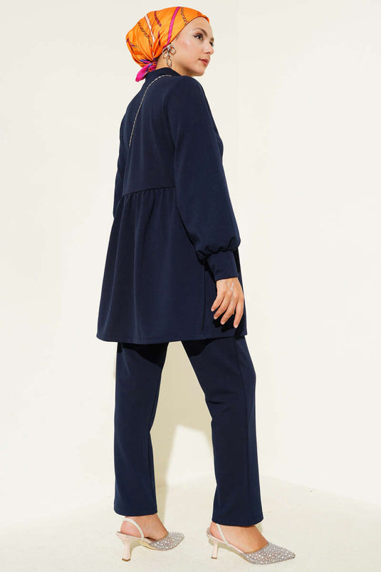 Stone Button Detailed Two Piece Suit Navy Blue