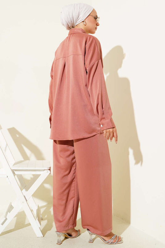 Stone Button Detailed Two Piece Set Powder