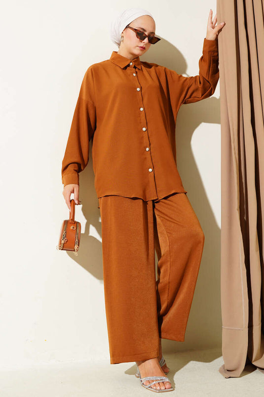 Stone Button Detailed Two-Piece Set Tan