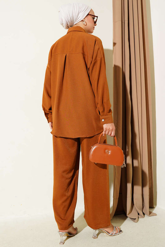 Stone Button Detailed Two-Piece Set Tan