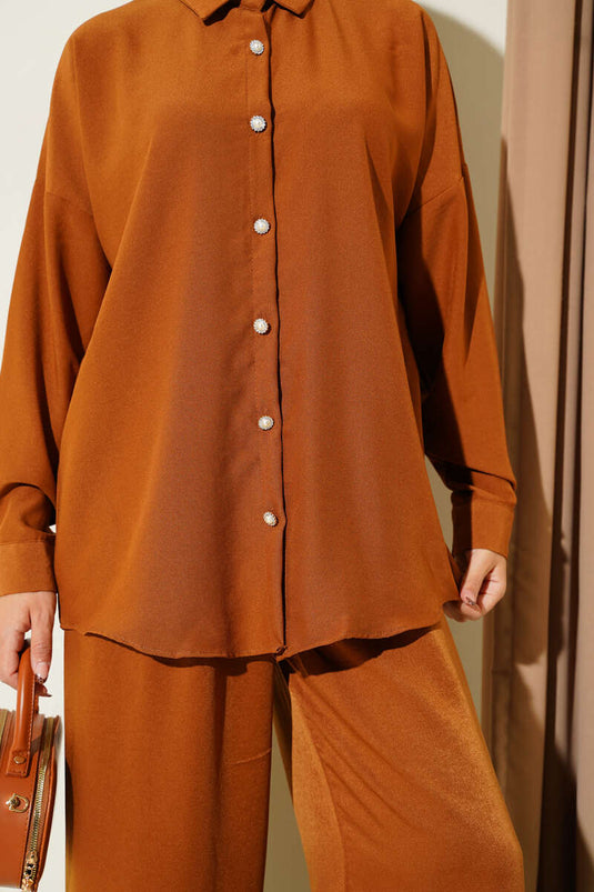 Stone Button Detailed Two-Piece Set Tan