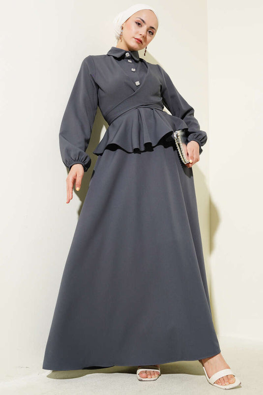 Taş Düğmeli Bağlamalı Etekli Takım Füme