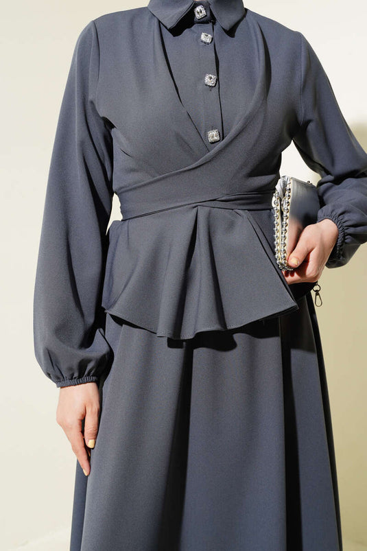 Taş Düğmeli Bağlamalı Etekli Takım Füme