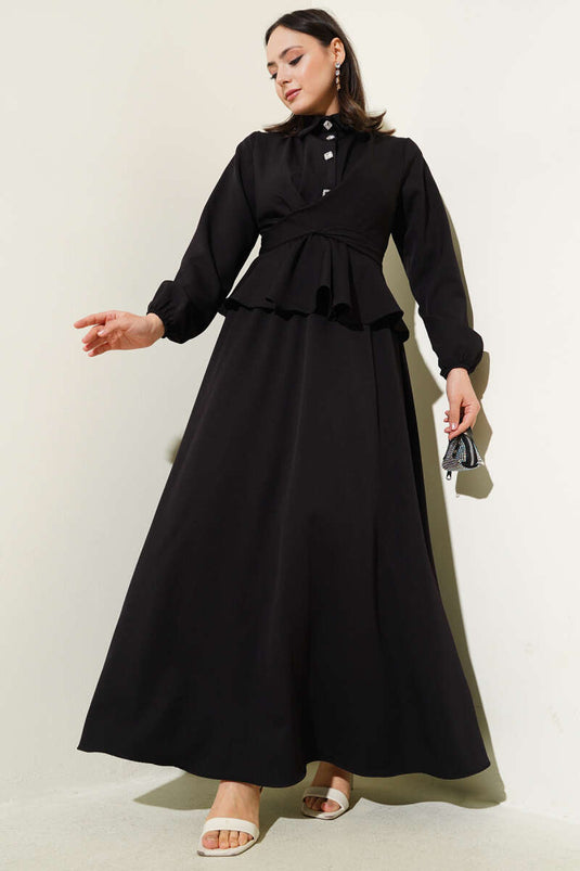 Taş Düğmeli Bağlamalı Etekli Takım Siyah