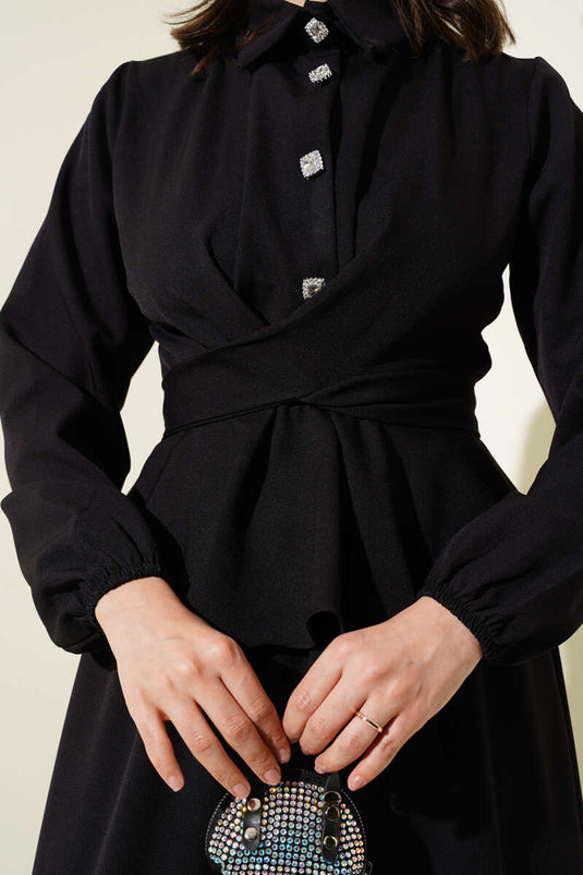 Taş Düğmeli Bağlamalı Etekli Takım Siyah