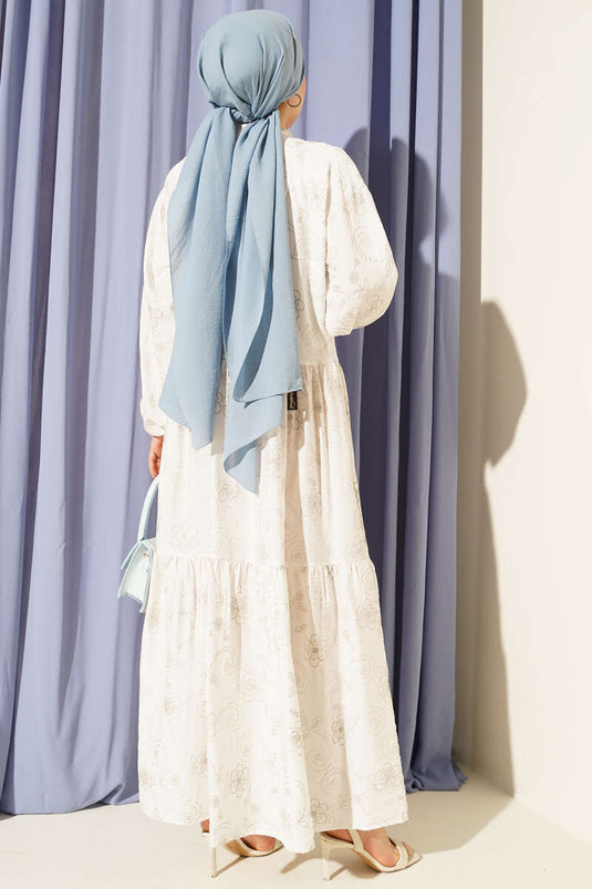 Taş Düğmeli Çiçek Desenli Elbise Ekru