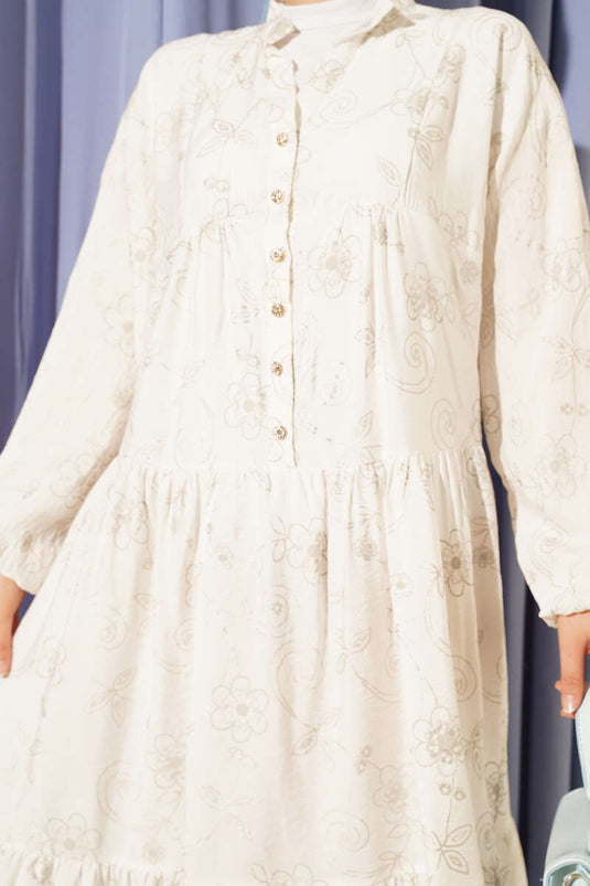 Taş Düğmeli Çiçek Desenli Elbise Ekru