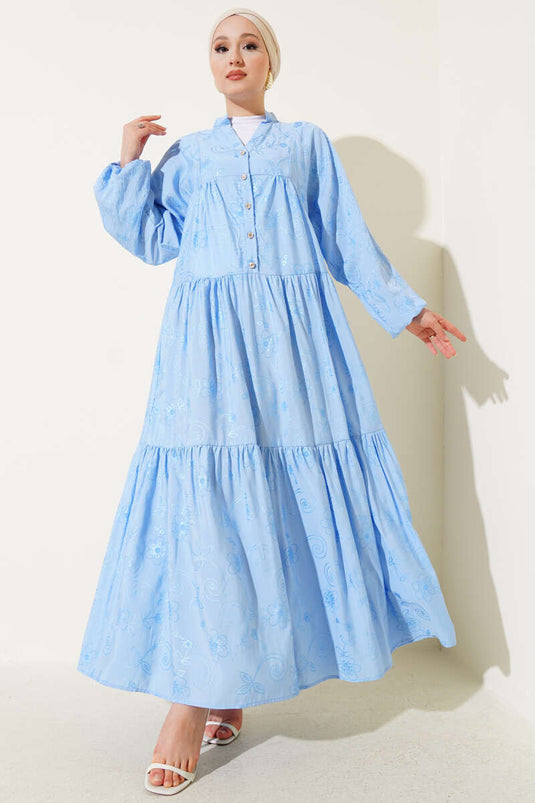 Taş Düğmeli Çiçek Desenli Elbise Mavi