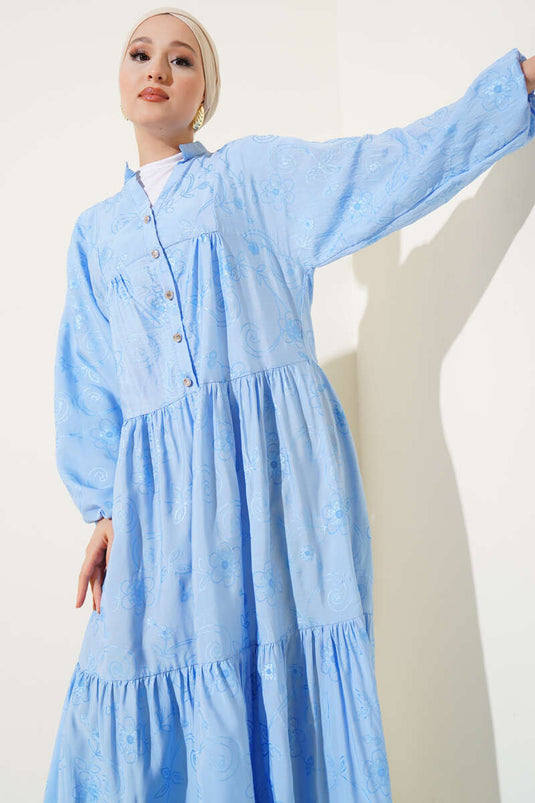 Taş Düğmeli Çiçek Desenli Elbise Mavi