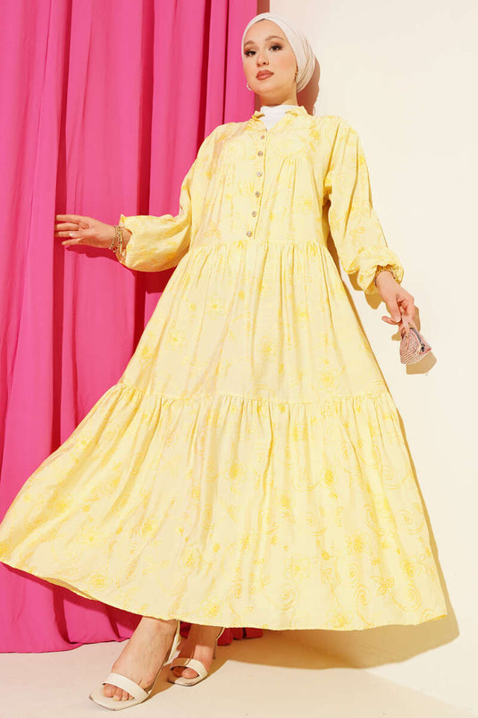 Taş Düğmeli Çiçek Desenli Elbise Sarı