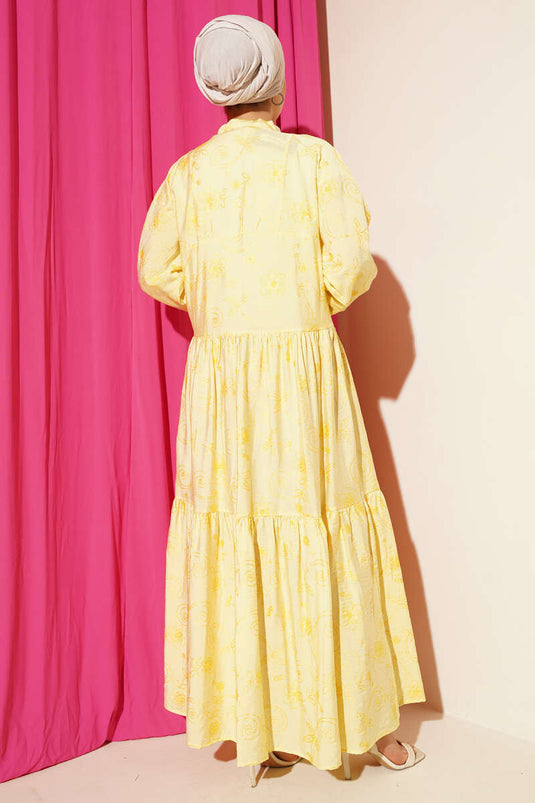 Taş Düğmeli Çiçek Desenli Elbise Sarı