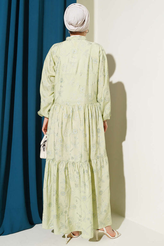 فستان مزين بأزرار حجرية ونقشة زهور، لون أخضر مائي