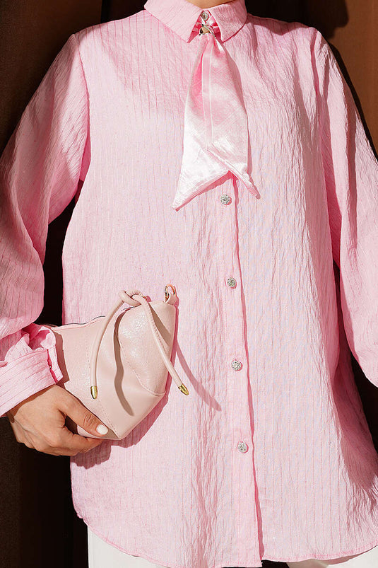Pink Shirt with Stone Buttons, Sequin, and Topstitching