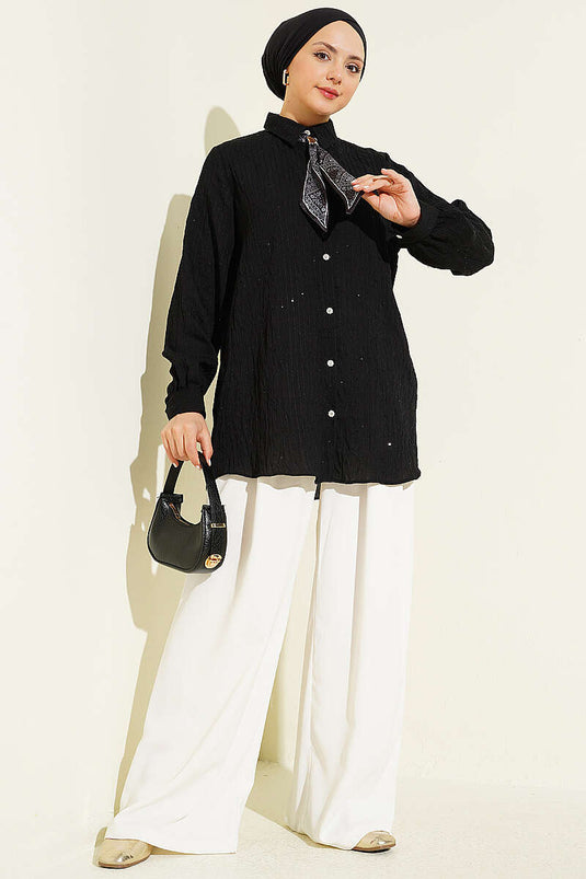 Black Shirt with Stone Buttons, Sequin Detailing, and Topstitching