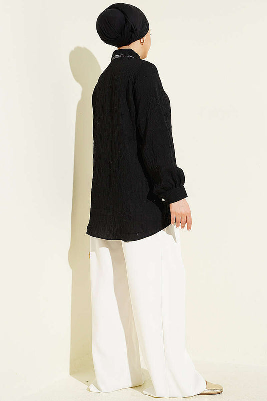 Black Shirt with Stone Buttons, Sequin Detailing, and Topstitching