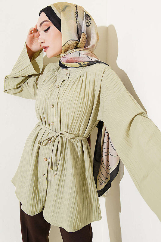 Chemise à rayures en relief avec boutons en pierre, vert avocat