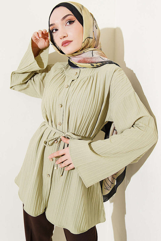 Chemise à rayures en relief avec boutons en pierre, vert avocat